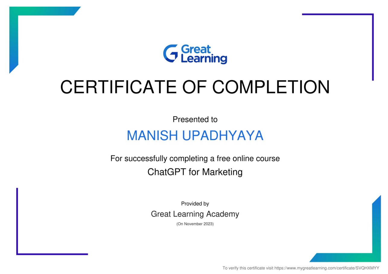 Great Learning ChatGPT for Marketing certificate duplicate