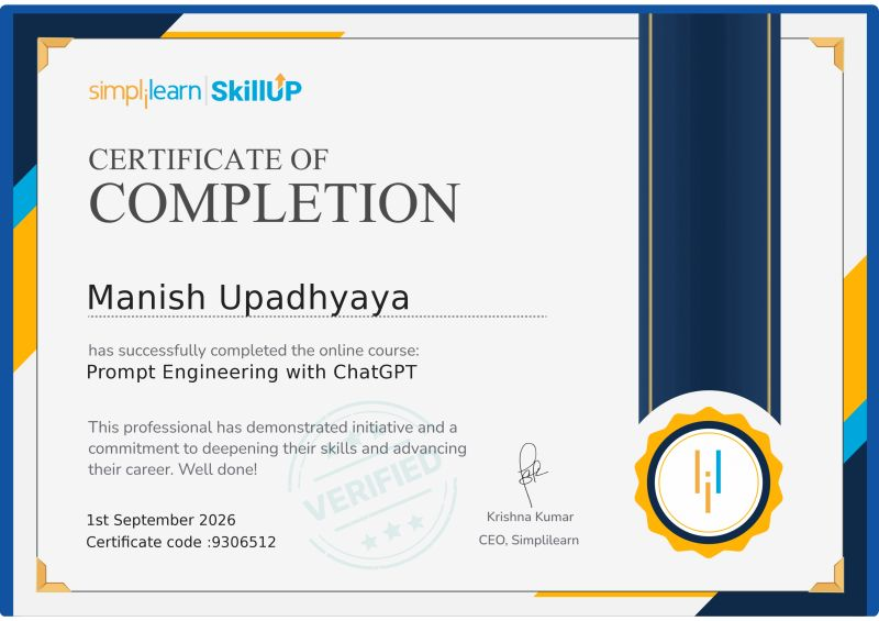 Simplilearn Prompt Engineering with ChatGPT certificate